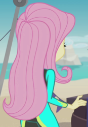 Size: 479x689 | Tagged: safe, screencap, fluttershy, equestria girls, equestria girls series, g4, too hot to handle, ass, butt, clothes, cropped, female, flutterbutt, fluttershy's wetsuit, rear view, solo, swimsuit, wetsuit