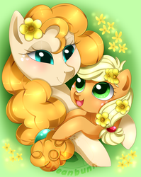 Size: 1127x1419 | Tagged: safe, artist:beanbunn, applejack, pear butter, earth pony, pony, g4, cute, female, filly, flower, flower in hair, happy, jackabetes, mare, mother and daughter