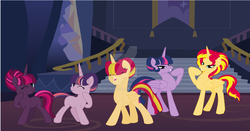 Size: 1600x836 | Tagged: safe, artist:turtlelucy, sunset shimmer, twilight sparkle, alicorn, pony, g4, alicornified, female, lesbian, magical lesbian spawn, offspring, parent:sunset shimmer, parent:twilight sparkle, parents:sunsetsparkle, race swap, shimmercorn, ship:sunsetsparkle, shipping, twilight sparkle (alicorn)