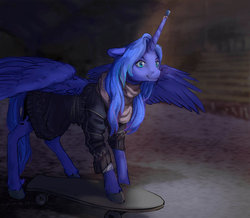 Size: 900x783 | Tagged: safe, artist:lusille, princess luna, alicorn, pony, fanfic:moon rise, g4, clothes, female, mare, scarf, skateboard, solo, sweater