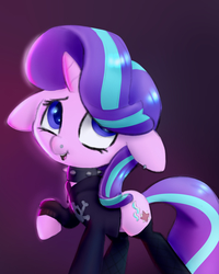 Size: 2526x3156 | Tagged: safe, artist:swerve-art, starlight glimmer, pony, unicorn, g4, the parent map, choker, cute, emo, female, floppy ears, glimmer goth, glimmerbetes, goth, high res, mare, piercing, punk, scene kid, solo, spiked choker, teenage glimmer