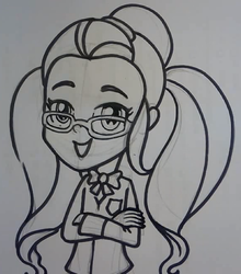 Size: 616x700 | Tagged: safe, artist:วาดการ์ตูน กันเถอะ, sugarcoat, equestria girls, g4, cute, grayscale, looking at you, marker drawing, monochrome, smiling, sugarcute, traditional art, when she smiles