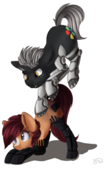 Size: 3512x5504 | Tagged: safe, artist:beardie, oc, oc only, oc:kick pacer, oc:wireless fuzz, amputee, bionics, duo, female, male, mare, prosthetic limb, prosthetics, simple background, stallion, transparent background