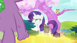 Size: 1280x720 | Tagged: safe, screencap, owlowiscious, rarity, spike, bird, dragon, owl, pony, unicorn, g4, inspiration manifestation, clenched fist, crystal tree, female, golden road, inspirarity, male, mare, perching, possessed, saddle bag, sitting in a tree, tree, trio