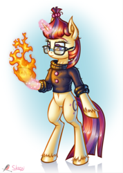 Size: 710x1000 | Tagged: safe, artist:skorpionletun, moondancer, pony, unicorn, semi-anthro, g4, belly button, female, fire, glasses, simple background, solo