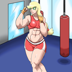 Size: 1024x1024 | Tagged: safe, artist:korencz11, applejack, human, g4, abs, applejacked, armpits, boxing, clothes, female, hatless, humanized, midriff, missing accessory, muscles, solo, sports, sports bra, swole