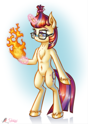 Size: 710x1000 | Tagged: safe, artist:skorpionletun, moondancer, pony, unicorn, semi-anthro, g4, belly button, female, fire, glasses, simple background, solo