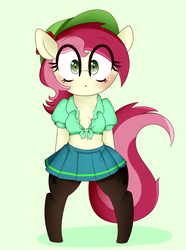 Size: 2600x3500 | Tagged: safe, artist:fullmetalpikmin, roseluck, earth pony, semi-anthro, g4, arm hooves, belly button, bipedal, blushing, chest fluff, cleavage fluff, clothes, cute, female, hat, high res, mare, midriff, pantyhose, pleated skirt, shirt, skirt, solo