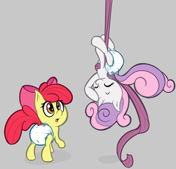 Size: 1394x1338 | Tagged: safe, artist:lazynore, apple bloom, sweetie belle, g4, acrobatics, diaper, duo, eyes closed, female, fetish, gray background, gymnastics, looking up, open mouth, raised leg, simple background, upside down