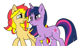 Size: 2404x1417 | Tagged: safe, artist:freezeroffire, sunset shimmer, twilight sparkle, pony, unicorn, g4, blushing, cute, female, lesbian, looking at each other, mare, open mouth, shimmerbetes, ship:sunsetsparkle, shipping, twiabetes