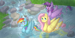 Size: 2035x1038 | Tagged: safe, artist:ukulelepineapplecat, fluttershy, rainbow dash, twilight sparkle, alicorn, pony, g4, behaving like a bird, cute, leonine tail, pegaduck, twiabetes, twilight sparkle (alicorn), water