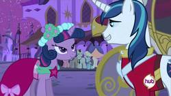 Size: 1920x1080 | Tagged: safe, screencap, bruce mane, caesar, count caesar, eclair créme, jangles, royal ribbon, shining armor, twilight sparkle, a canterlot wedding, g4, canterlot, carriage, clothes, looking at each other, love is in bloom, marriage, night, out of context, smiling, stars, wedding