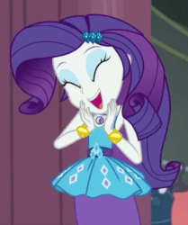 Size: 530x633 | Tagged: safe, screencap, rarity, equestria girls, g4, my little pony equestria girls: better together, rarity investigates: the case of the bedazzled boot, animated, clapping, cropped, cute, female, geode of shielding, gif, raribetes, rarity peplum dress, solo