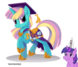 Size: 1850x1600 | Tagged: safe, artist:tracerhorse, dewdrop dazzle, twilight sparkle, g4, dunce hat, female, hat, mare, sad, simple background, transparent background