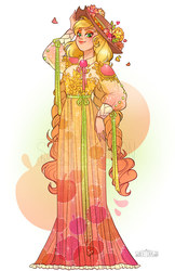 Size: 906x1400 | Tagged: safe, artist:flying-fox, applejack, human, g4, beautiful, clothes, dress, eyeshadow, female, flower, hat, humanized, makeup, solo