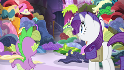 Size: 1280x720 | Tagged: safe, screencap, rarity, spike, dragon, pony, g4, inspiration manifestation, butt, carousel boutique, clothes, duo, female, male, mare, messy, plot, saddle bag