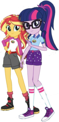 Size: 710x1460 | Tagged: safe, editor:php77, sci-twi, sunset shimmer, twilight sparkle, equestria girls, g4, my little pony equestria girls: legend of everfree, belt, boots, camp everfree outfits, clothes, converse, glasses, hand on butt, looking at you, ponytail, raised leg, shoes, simple background, sneakers, socks, sun, transparent background