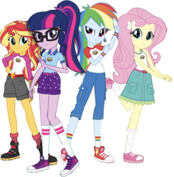 Size: 1425x1456 | Tagged: safe, editor:php77, fluttershy, rainbow dash, sci-twi, sunset shimmer, twilight sparkle, butterfly, equestria girls, g4, my little pony equestria girls: legend of everfree, belt, boots, bracelet, camp everfree outfits, clothes, converse, cute, glasses, jewelry, looking at you, ponytail, raised leg, shoes, shyabetes, simple background, sneakers, socks, stock vector, sun, transparent background, wristband