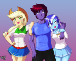 Size: 4500x3600 | Tagged: safe, artist:danmakuman, applejack, minuette, oc, oc:night chase, human, equestria girls, g4, applejack's skirt, belt, blushing, canon x oc, clothes, commission, cowboy hat, cute, denim skirt, equestria girls-ified, female, hand on hip, hat, male, miniskirt, pants, pleated skirt, skirt, stetson, straight, thighs