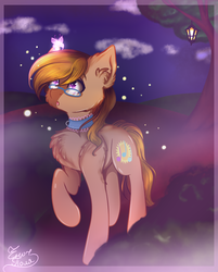 Size: 786x977 | Tagged: safe, artist:zefir-tyan, oc, oc only, oc:dawnsong, butterfly, earth pony, pony, chest fluff, collar, female, glasses, night, outdoors, solo, tree, ych result
