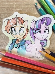 Size: 960x1280 | Tagged: safe, artist:lispp, starlight glimmer, sunburst, pony, unicorn, g4, cape, clothes, colored pencil drawing, cutout, duo, female, glasses, male, mare, pencil drawing, stallion, traditional art