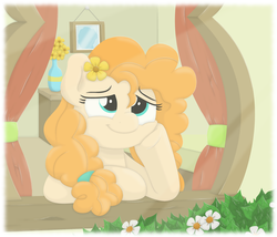 Size: 1996x1708 | Tagged: safe, artist:ljdamz1119, pear butter, earth pony, pony, g4, the perfect pear, dreamy, female, flower, flower in hair, hoof on cheek, looking away, looking up, mare, smiling, solo, window