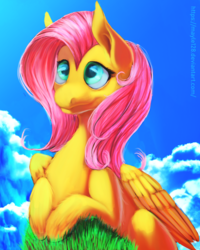 Size: 1024x1280 | Tagged: safe, artist:may-li128, fluttershy, pegasus, pony, g4, cloud, female, grass, mare, sky, smiling, solo