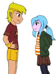 Size: 705x940 | Tagged: safe, artist:fantasygerard2000, oc, oc only, oc:pizza frenzy, oc:prudence aura, equestria girls, g4, clothes, cosplay, costume, female, juno (film), juno macguff, male, oc x oc, offspring, offspring shipping, parent:cheese sandwich, parent:pinkie pie, parent:rarity, parents:canon x oc, parents:cheesepie, paulie bleeker, pregnant, shipping, straight
