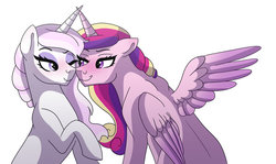 Size: 1024x612 | Tagged: safe, artist:cascayd, fleur-de-lis, princess cadance, alicorn, pony, unicorn, g4, blushing, boop, eye contact, female, fleurdance, infidelity, lesbian, looking at each other, mare, noseboop, one eye closed, shipping, simple background, spread wings, white background, wingboner, wings