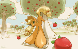 Size: 2560x1600 | Tagged: safe, artist:cow41087, applejack, earth pony, pony, g4, angle, apple, apple tree, applebucking, applejack mid tree-buck facing the left with 3 apples falling down, applejack mid tree-buck with 3 apples falling down, bucking, eyelashes, fail, falling, female, food, freckles, green eyes, looking at you, low angle, mare, misleading thumbnail, not breasts, perspective, smiling, smiling at you, solo, tree, wat