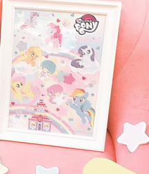 Size: 460x536 | Tagged: safe, applejack, fluttershy, pinkie pie, rainbow dash, rarity, twilight sparkle, alicorn, pony, g4, carousel boutique, collaboration, little twin stars, mane six, my little pony logo, photo, sanrio, sanrio characters collabs, stock vector, twilight sparkle (alicorn)