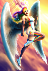 Size: 1024x1536 | Tagged: safe, artist:im-just-another-one, rainbow dash, human, g4, cutie mark on human, female, flying, humanized, large wings, sexy, solo, winged humanization, wings