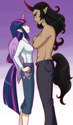 Size: 1000x1718 | Tagged: safe, artist:fuufuucuddles, artist:haine--chan, king sombra, twilight sparkle, human, g4, alicorn humanization, clothes, duo, elf ears, female, horn, horned humanization, humanized, intimidating, male, ship:twibra, shipping, simple background, straight, tailed humanization, transparent background, twilight sparkle (alicorn), winged humanization, wings