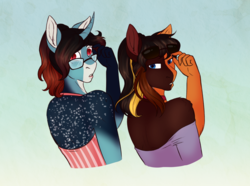 Size: 1916x1428 | Tagged: safe, artist:blackblood-queen, oc, oc:annie belle, oc:daniel dasher, dracony, hybrid, anthro, brother and sister, clothes, curved horn, female, glasses, horn, looking back, male, mare, off shoulder, siblings, slit pupils, stallion, sunglasses