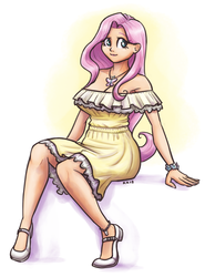 Size: 1421x1920 | Tagged: safe, artist:king-kakapo, fluttershy, human, g4, breasts, busty fluttershy, clothes, cute, dress, female, high heels, humanized, shoes, shyabetes, sitting, smiling, solo