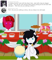 Size: 540x620 | Tagged: safe, artist:aha-mccoy, oc, oc only, oc:gamercolt, oc:tosh, earth pony, pony, robot, robot pony, nopony-ask-mclovin, ask, buffet, male, ponies eating meat, stallion, this will end in weight gain, tumblr
