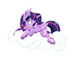 Size: 1190x941 | Tagged: safe, artist:alazak, twilight sparkle, alicorn, pony, g4, cloud, cute, female, mare, on a cloud, open mouth, prone, simple background, solo, transparent background, twiabetes, twilight sparkle (alicorn)