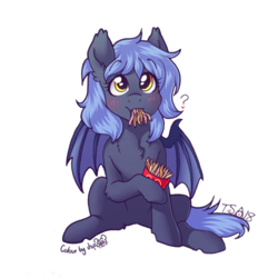 Size: 1200x1200 | Tagged: safe, artist:dsp2003, artist:twisted-sketch, color edit, edit, oc, oc only, oc:panne, bat pony, pony, bat pony oc, blushing, colored, cute, daaaaaaaaaaaw, female, food, french fries, hoof hold, looking at you, mare, question mark, simple background, solo, transparent background