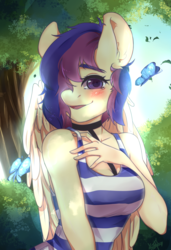 Size: 3628x5315 | Tagged: safe, artist:krisfox97, oc, oc only, oc:lilith kamaria, butterfly, pegasus, anthro, anthro oc, blushing, choker, clothes, female, forest, hair over one eye, mare, smiling, tank top, tree, wings, ych result
