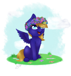Size: 950x1024 | Tagged: safe, artist:lilrandum, oc, oc only, oc:cloud quake, pegasus, pony, chibi, cloud, cute, detailed, detailed eyes, detailed hair, floral head wreath, flower, happy, male, shading, smiling, solo, ych result