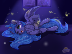 Size: 540x405 | Tagged: safe, artist:laurasscetches, princess luna, alicorn, firefly (insect), pony, g4, chest fluff, cute, ethereal mane, explicit source, female, lunabetes, mare, missing accessory, on side, one eye closed, open mouth, solo, starry mane, window