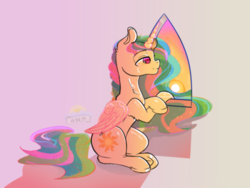 Size: 540x405 | Tagged: safe, artist:laurasscetches, princess celestia, alicorn, pony, g4, cutie mark, explicit source, female, gradient background, lidded eyes, mare, missing accessory, sitting, solo, sun, window