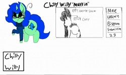 Size: 512x308 | Tagged: safe, artist:chillywilly, oc, oc only, oc:chilly willy, pony, unicorn, clothes, fake eyelashes, femboy, glasses, large butt, male, reference sheet, size comparison, solo, sweater