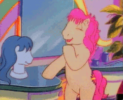 Size: 432x353 | Tagged: safe, screencap, bon bon (g1), clover (g1), patch (g1), sweetheart, earth pony, pony, g1, my little pony tales, shop talk, animated, bipedal, bipedal leaning, blinking, dolly zoom, female, hair salon, leaning, talking, wig