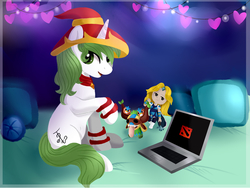 Size: 1934x1457 | Tagged: artist needed, safe, oc, oc only, oc:morning mint, pony, unicorn, clothes, computer, cosplay, costume, cutie mark, doll, dota 2, female, looking at you, mage, mare, solo, toy, ych result