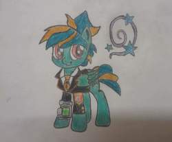 Size: 1545x1277 | Tagged: safe, artist:twilightlsparkle, oc, oc only, oc:nebula vortex, pegasus, pony, armband, clothes, colored pencil drawing, crossover, female, lobotomy corporation, mare, paper, red eyes, short ponytail, simple background, smiling, solo, suit, tied, traditional art, unicorn corporation, white background