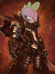 Size: 1200x1600 | Tagged: safe, spike, rathalos, g4, angry, armor, crossover, dim, fire, head swap, male, monster hunter, photoshop, solo