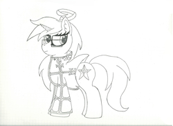 Size: 7813x5681 | Tagged: safe, artist:laurelcrown, oc, oc only, pony, unicorn, absurd resolution, ahoge, clothes, dress, glasses, lineart, monochrome, solo, the canterlonians, traditional art