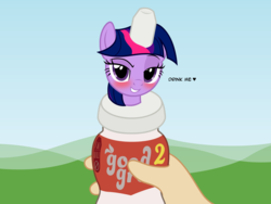 Size: 2552x1922 | Tagged: safe, artist:badumsquish, derpibooru exclusive, twilight sparkle, drink pony, food pony, object pony, original species, pony, g4, badumsquish strikes again, bedroom eyes, blushing, bottle, context is for the weak, dialogue, drink, flirting, good girl, good2grow, hand, heart, holding a pony, inanimate tf, looking at you, loss (meme), ponified, raised eyebrow, smiling, smirk, smug, that was fast, transformation, twitem