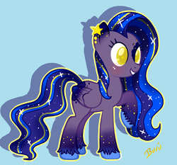 Size: 1024x956 | Tagged: safe, artist:burû, oc, oc only, oc:starry night, pegasus, pony, blue background, colored pupils, colored wings, colored wingtips, female, mare, raised hoof, simple background, solo